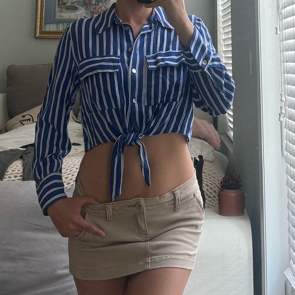 Zara Blue and White Striped Long Sleeve Tie-Front Top